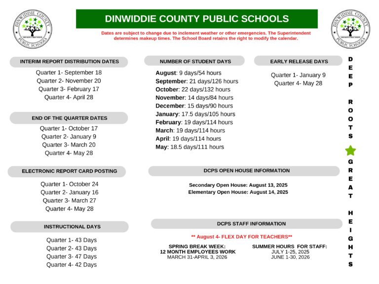 Dinwiddie County public schools calendar 25 26 Revised PDF EduCounty