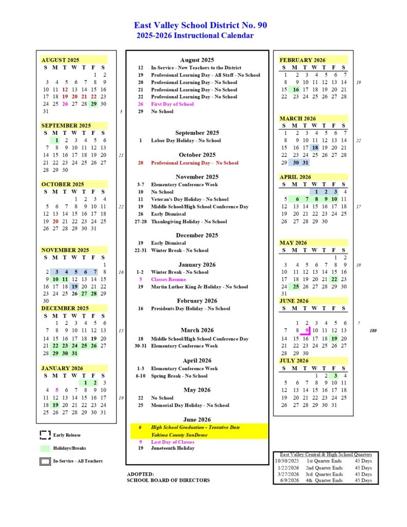 East Valley School District WA Calendar