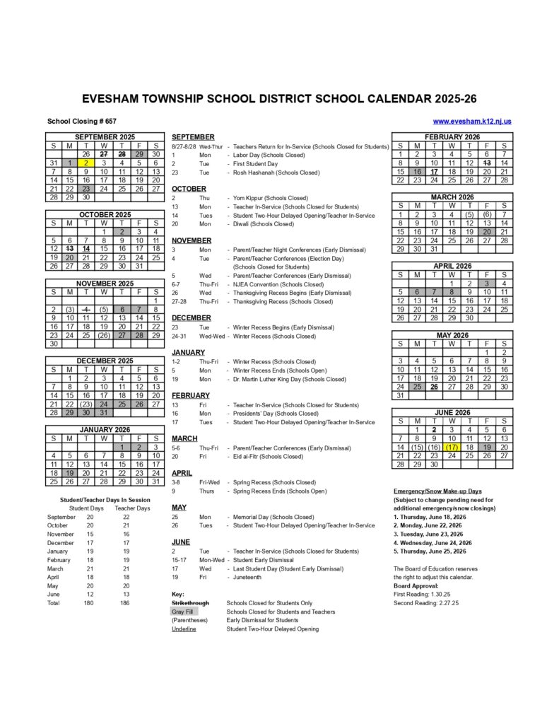 Evesham Township School District calendar