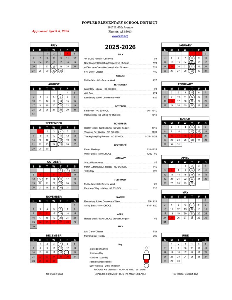 FOWLER ELEMENTARY SCHOOL DISTRICT CALENDAR