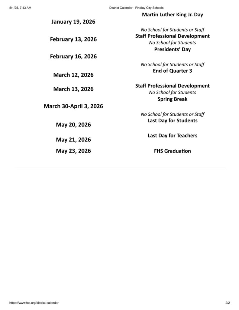 Findlay City Schools Calendar 25-26 Revised [PDF] - EduCounty