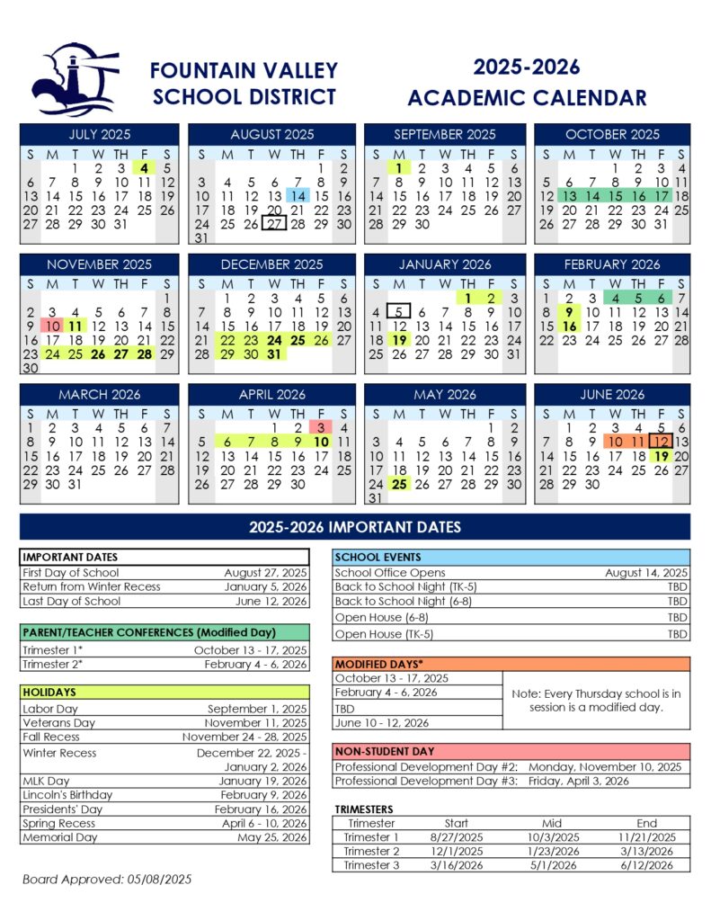 Fountain Valley School district calendar