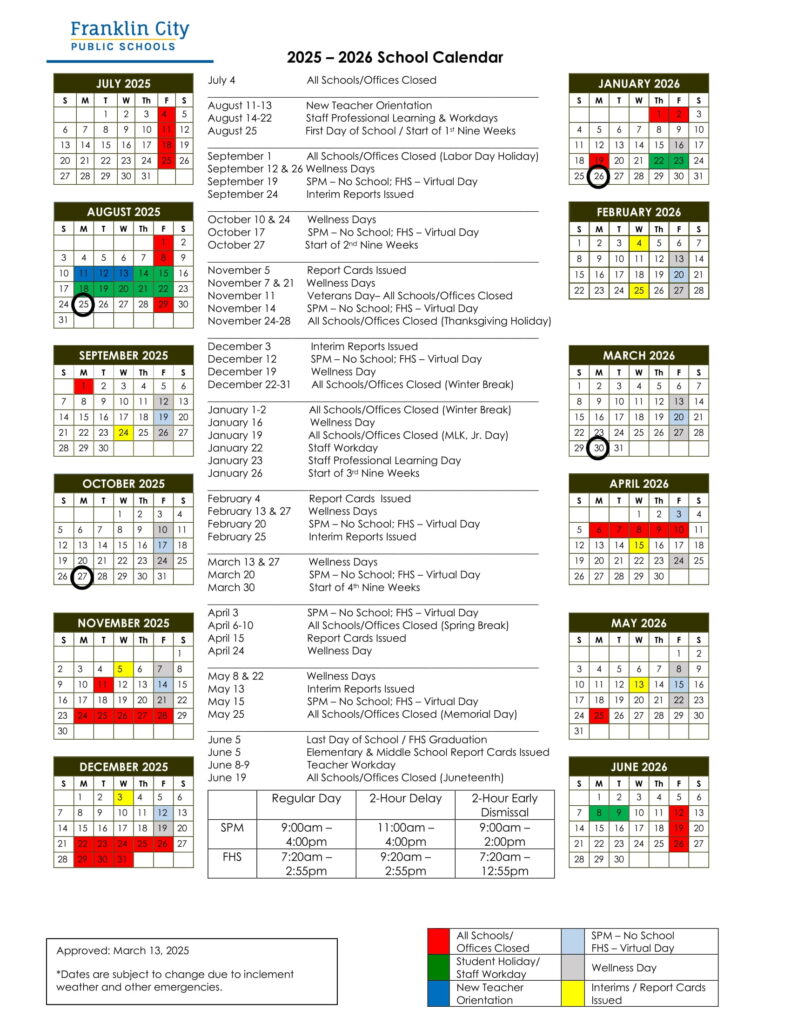 Franklin City Public Schools va Calendar