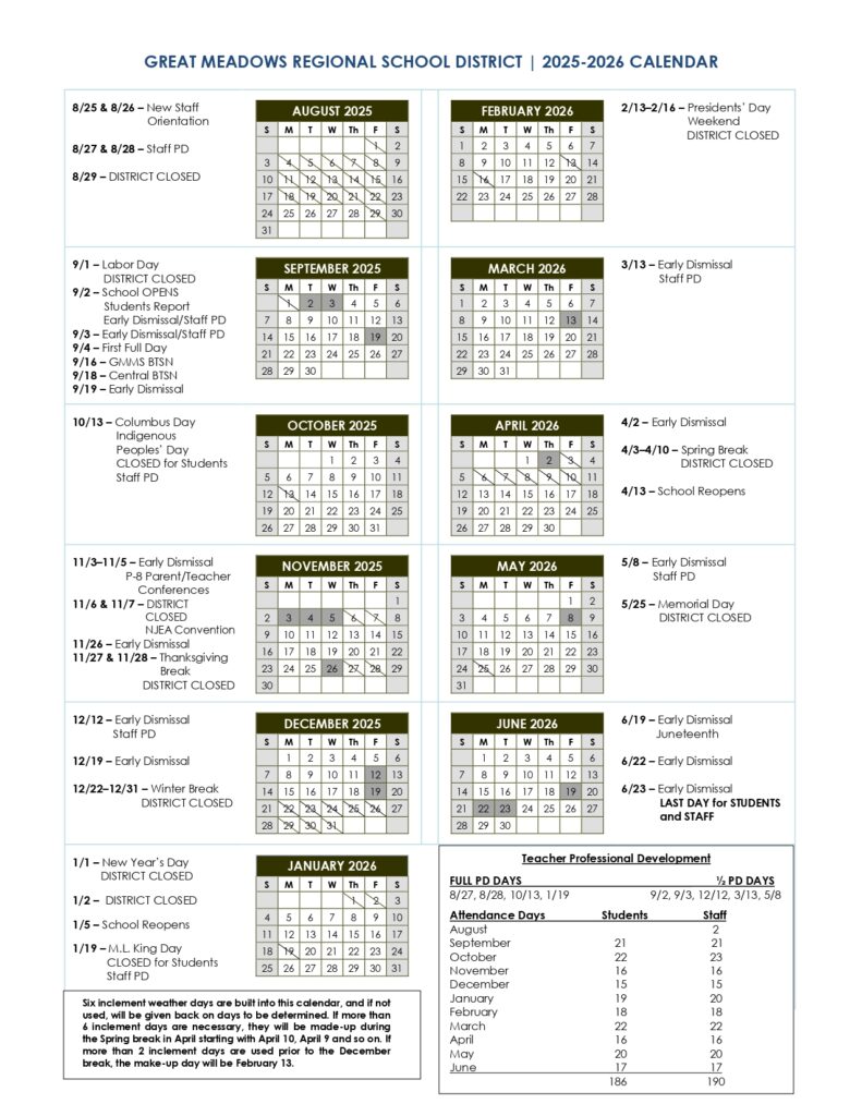 GREAT MEADOWS REGIONAL SCHOOL CALENDAR