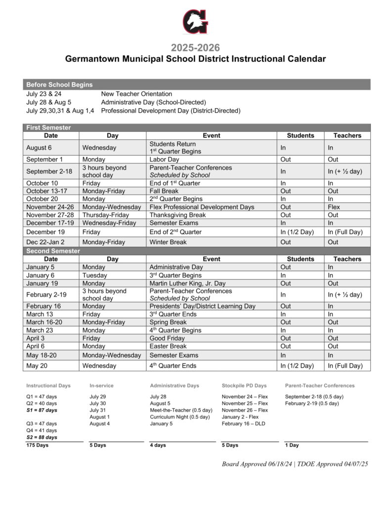 Germantown Municipal School District Calendar
