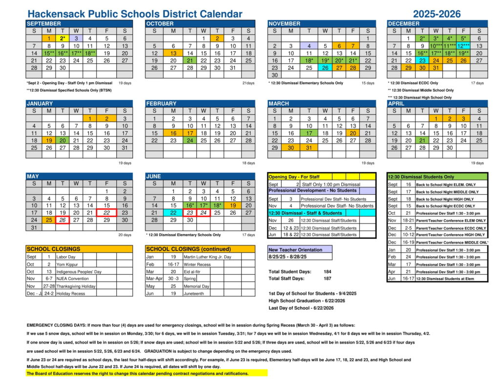 HACKENSACK PUBLIC SCHOOLS CALENDAR