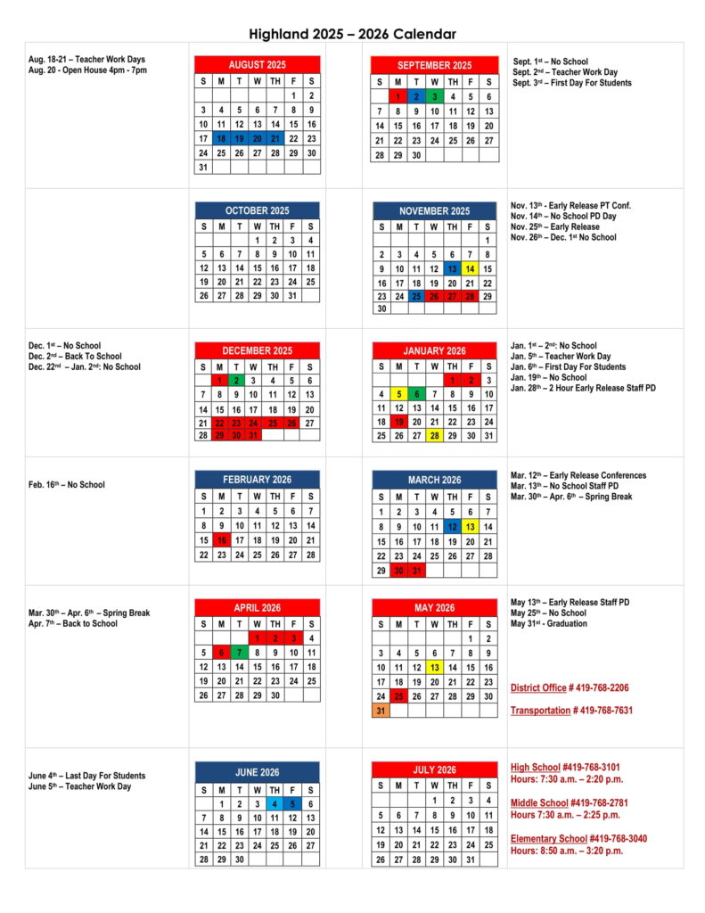 highland school calendar