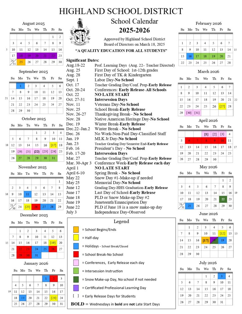 Highland School District 203 CALENDAR