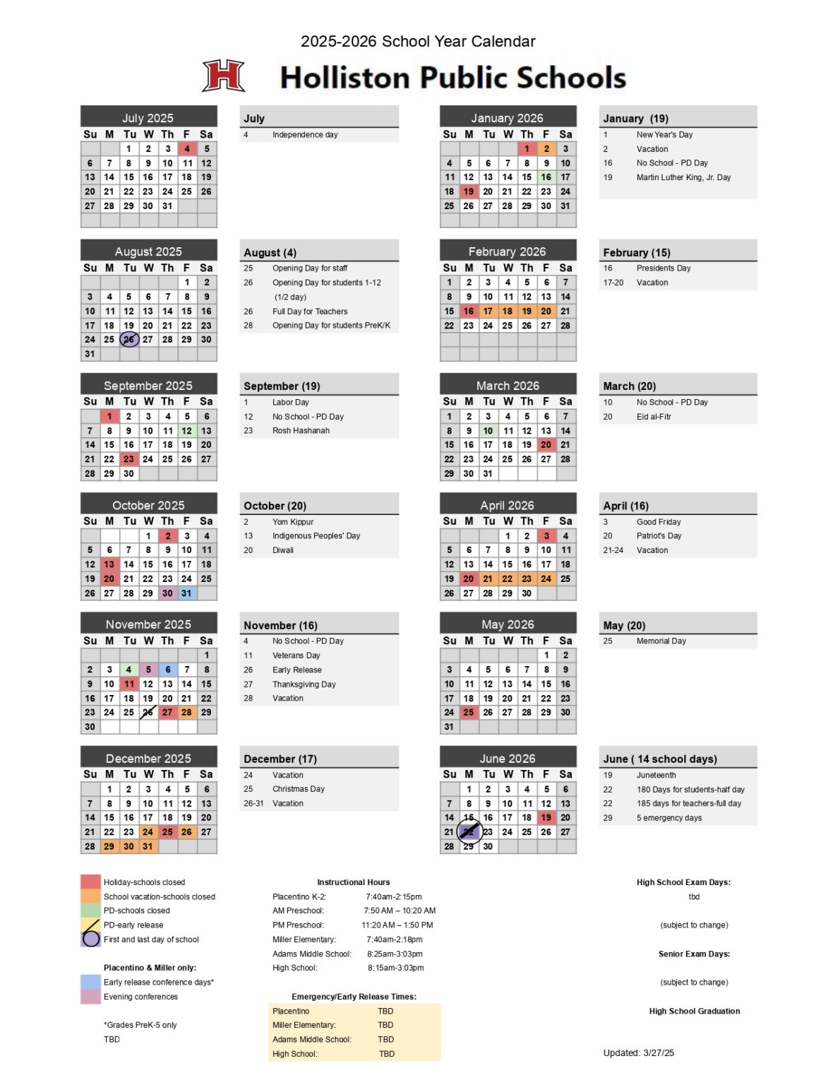 Holliston Public Schools Calendar 25 26 Revised PDF EduCounty