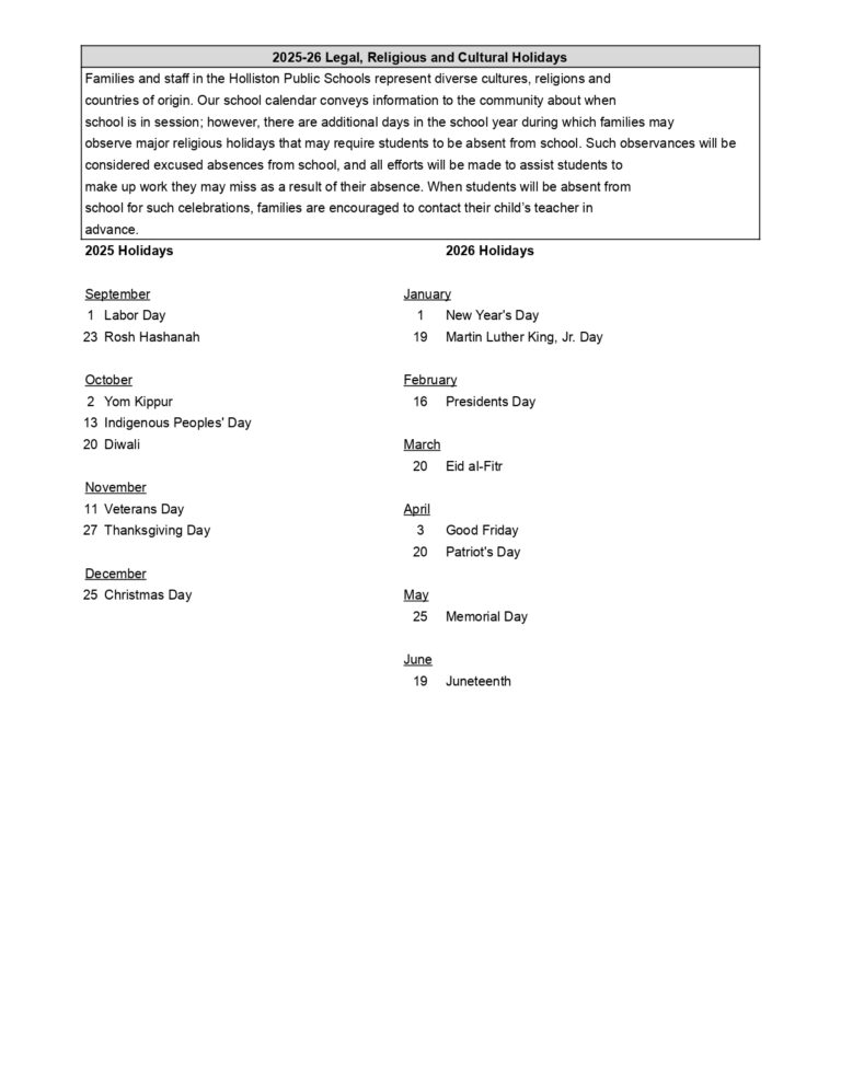Holliston Public Schools Calendar 25 26 Revised PDF EduCounty