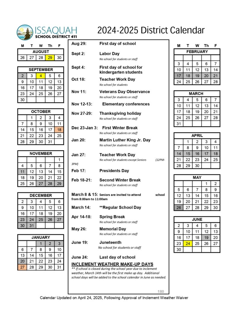 Issaquah School District 411 calendar
