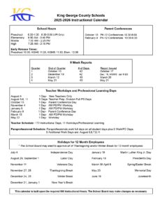 King George county schools calendar