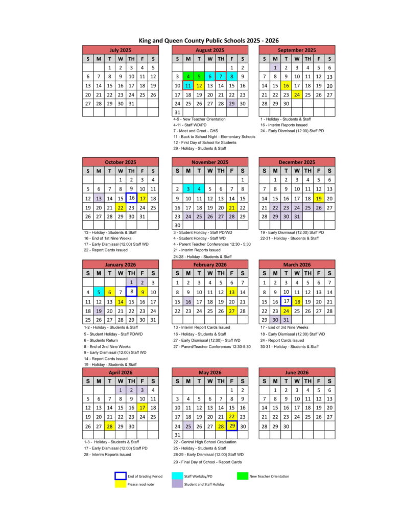 King and Queen County Public Schools CALENDAR