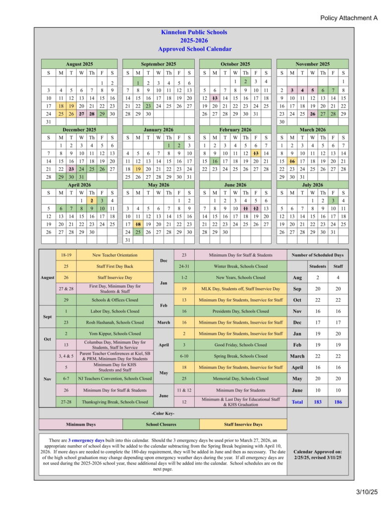Kinnelon Public Schools calendar