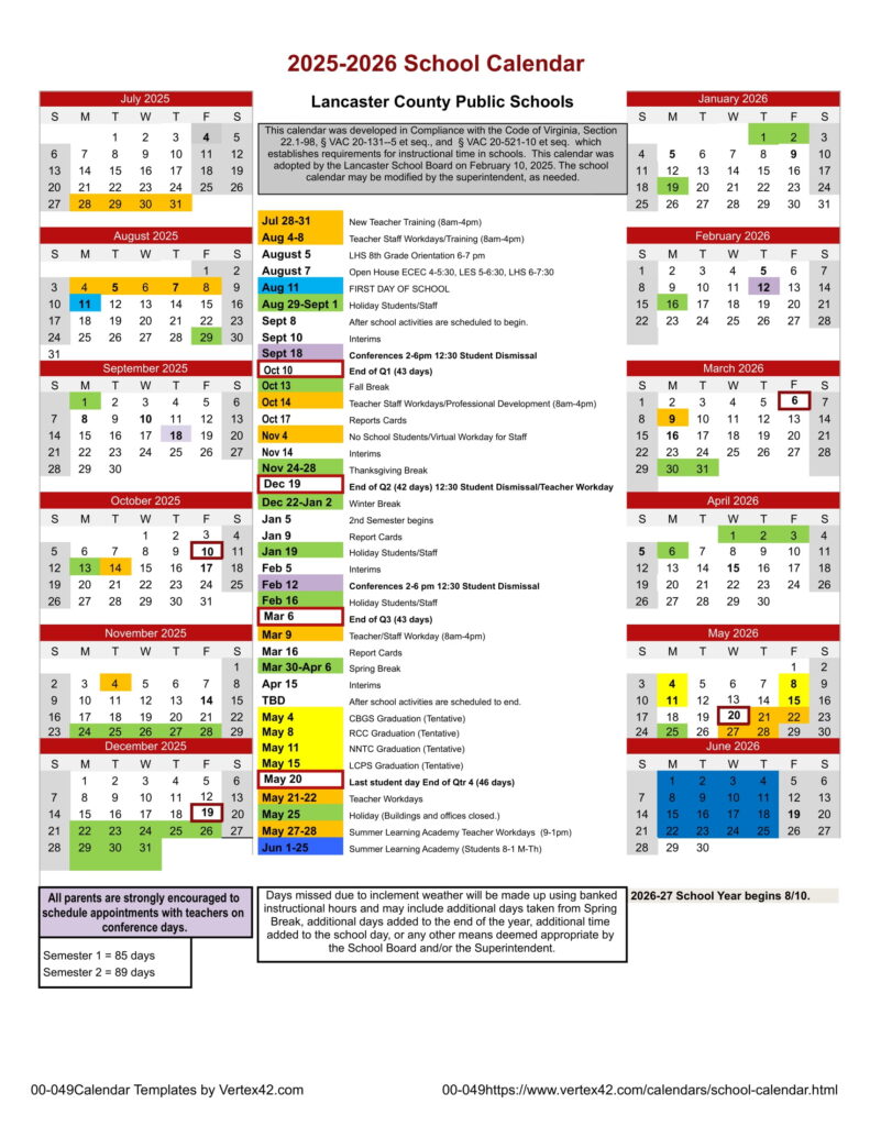 Lancaster County Public Schools calendar