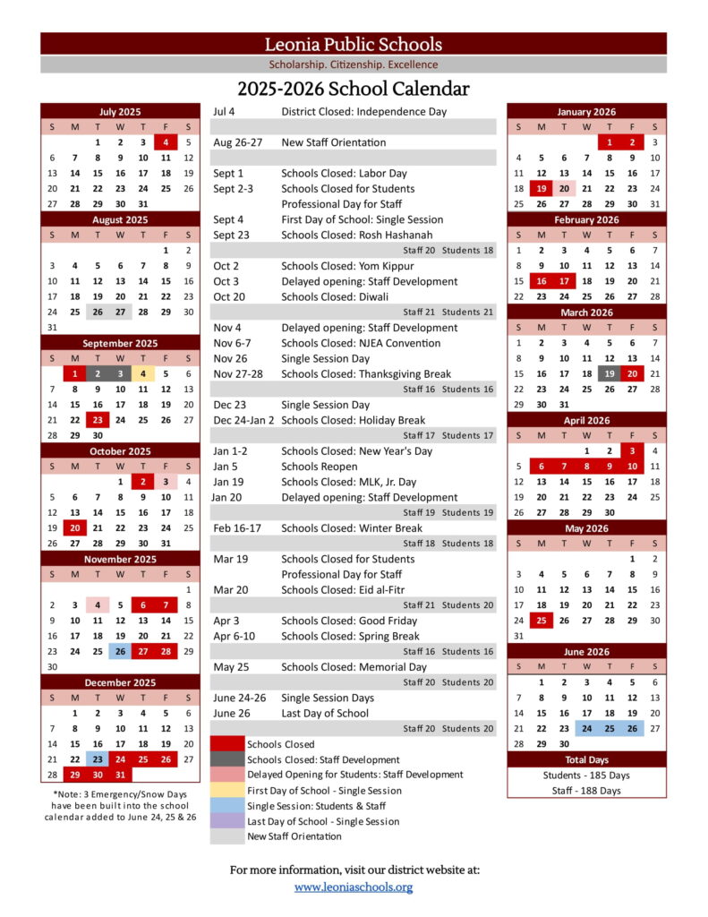 Leonia Public Schools calendar