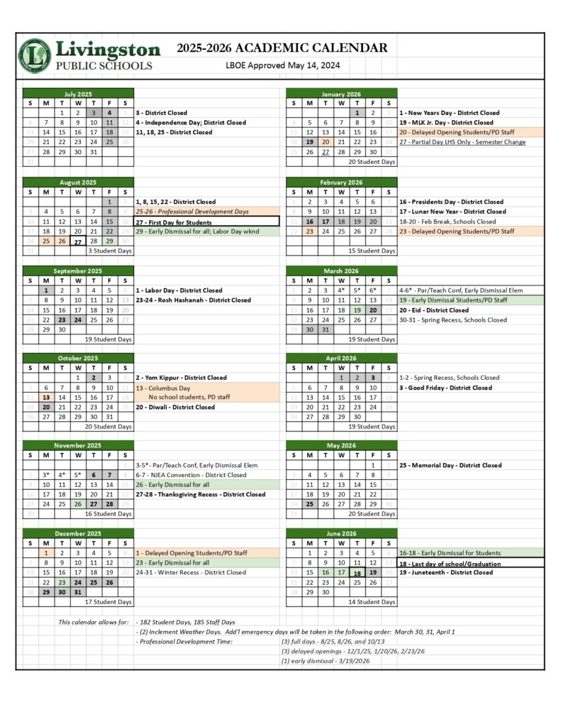Livingston Public Schools calendar