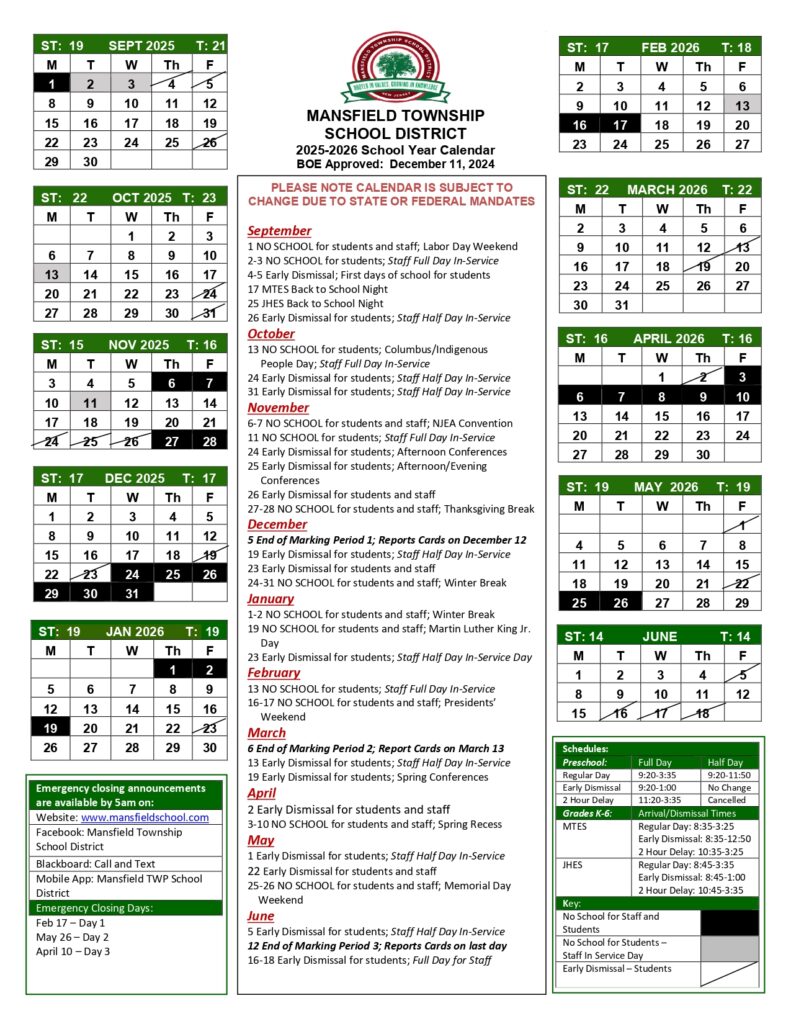 Mansfield Township School District calendar