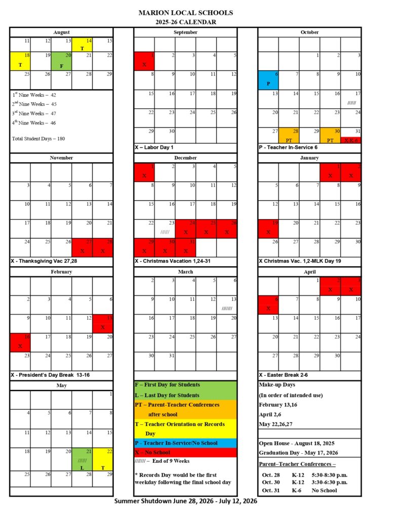 Marion Local schools calendar