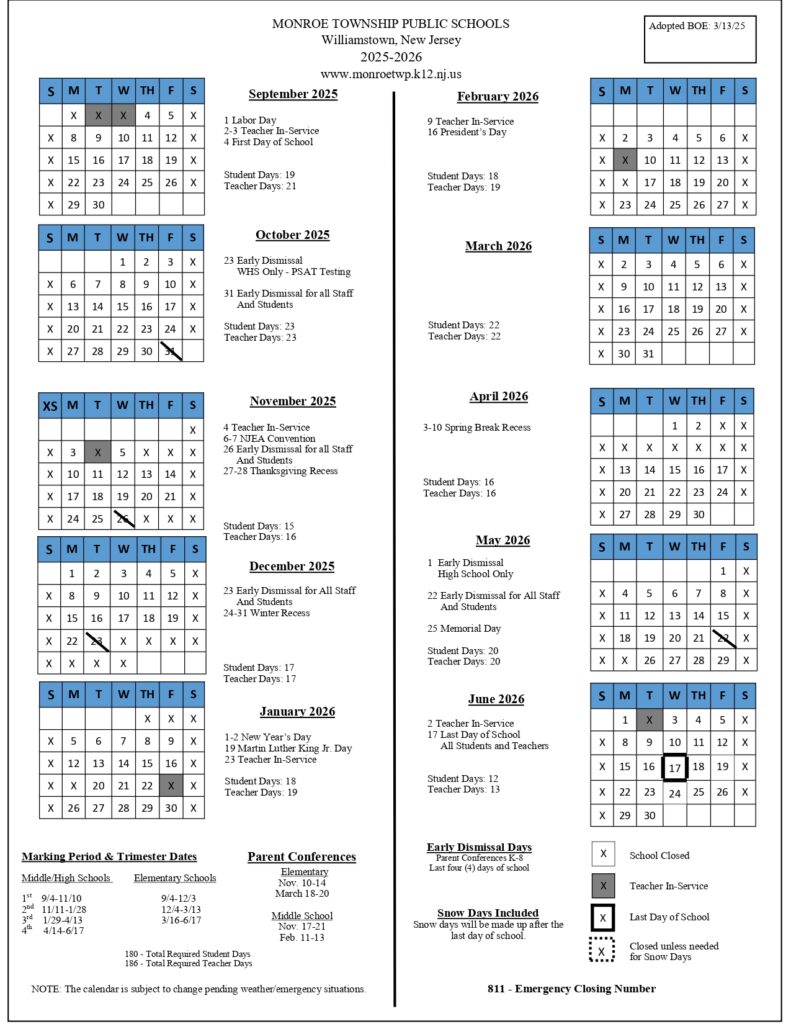 MONROE TOWNSHIP PUBLIC SCHOOLS calendar