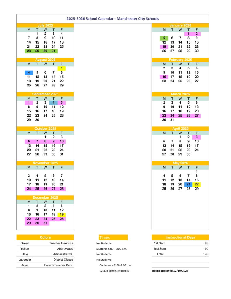 Manchester City Schools TN calendar