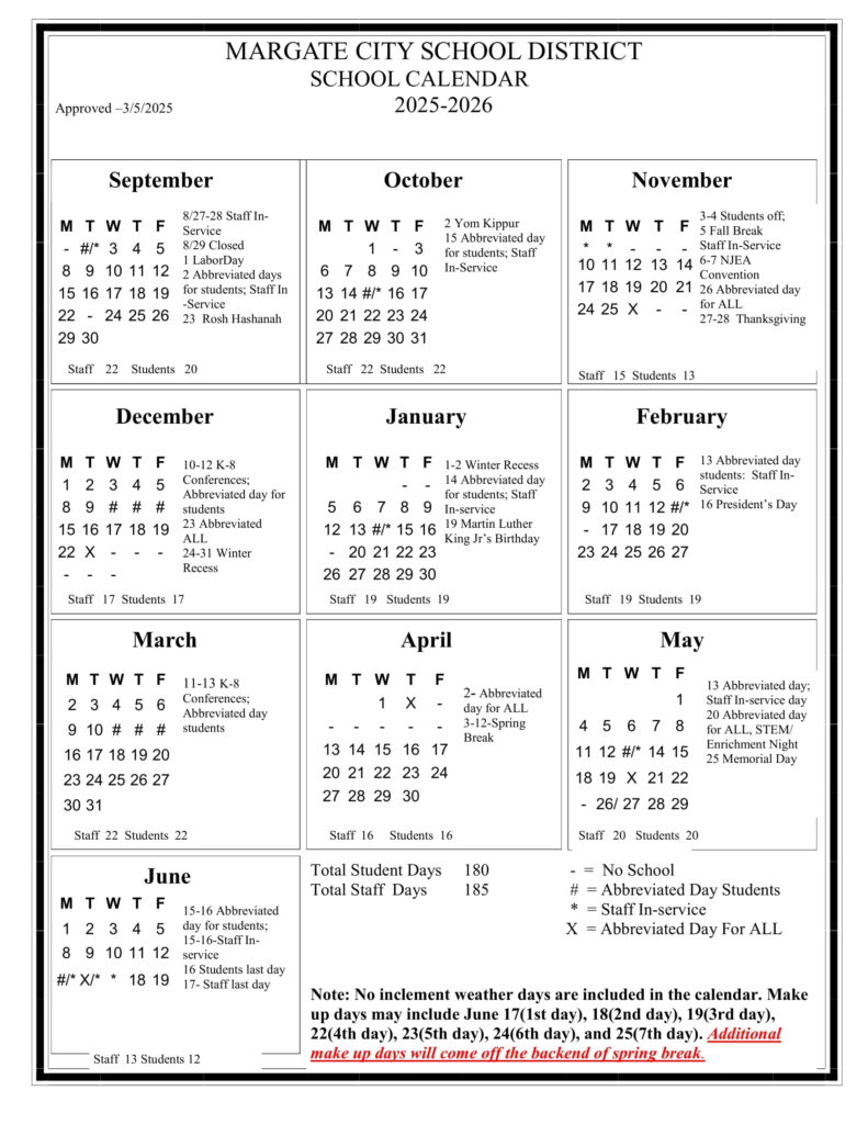 MARGATE CITY SCHOOL CALENDAR