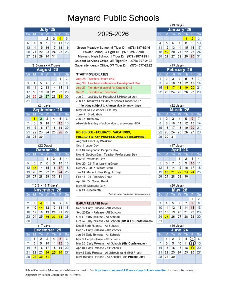 Maynard Public Schools calendar