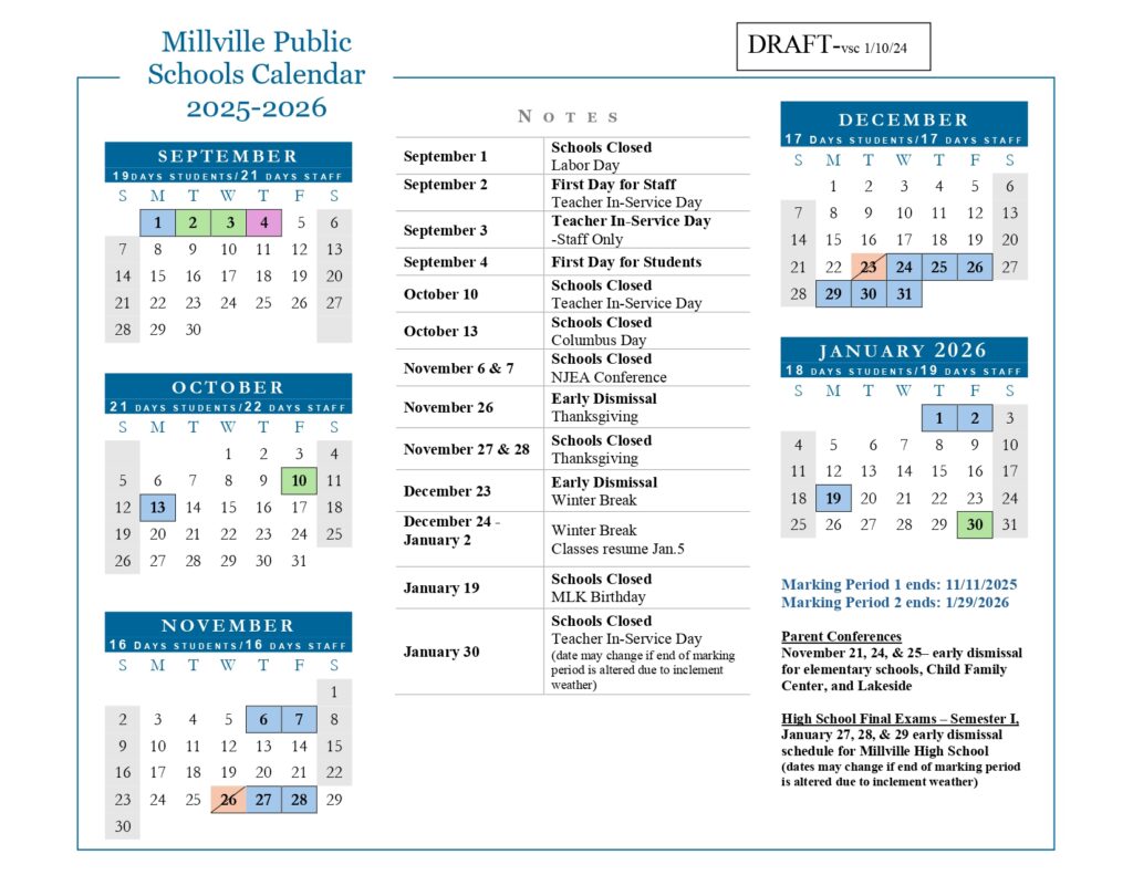Millville Public Schools Calendar
