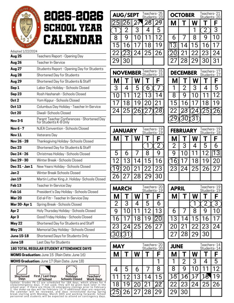 Mount Olive Township School District calendar