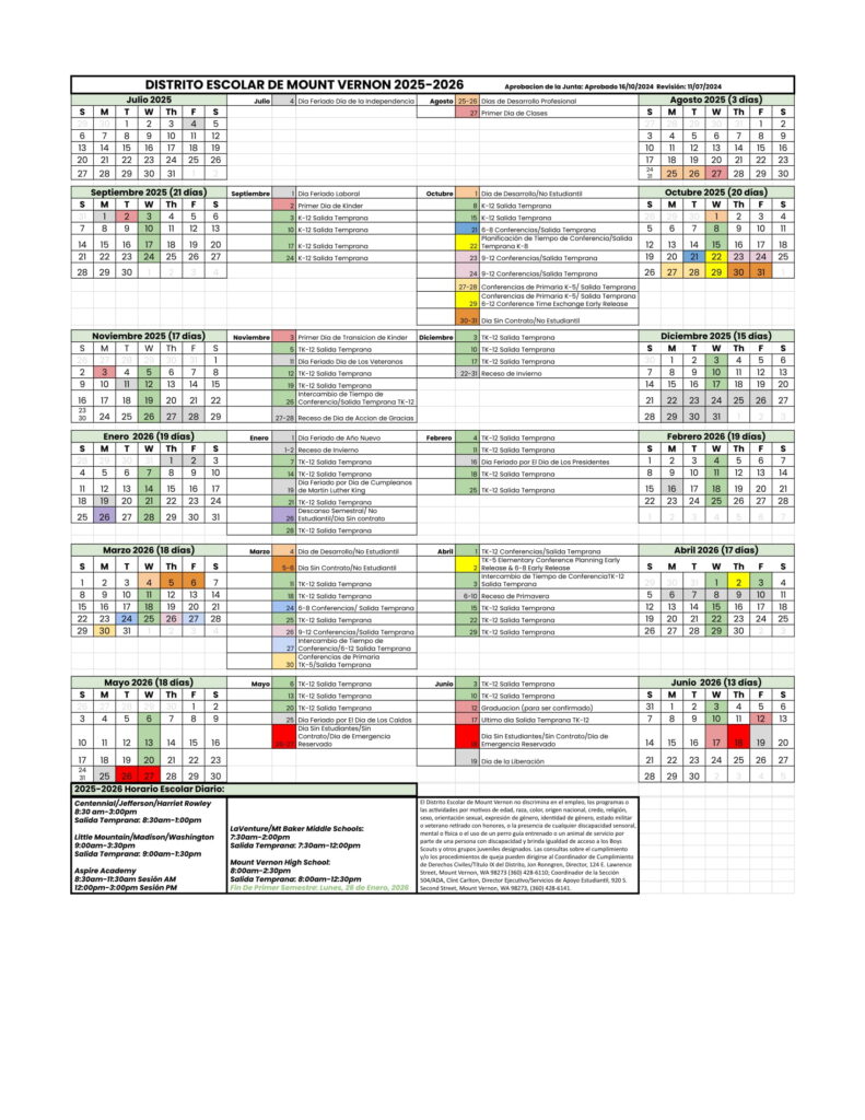 Mount Vernon School District Calendar