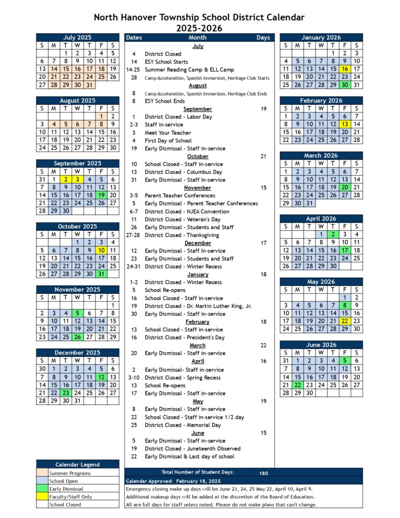 North Hanover Township School District Calendar