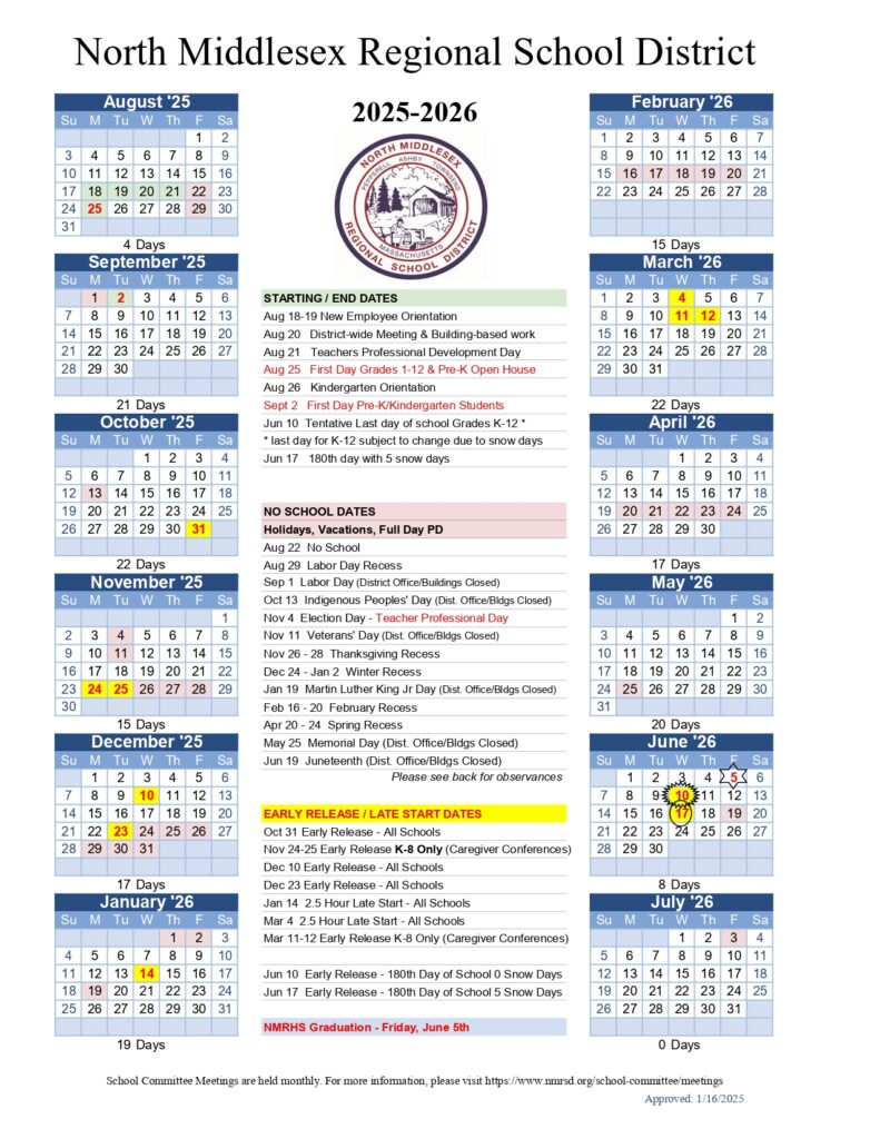 North Middlesex Regional School District calendar