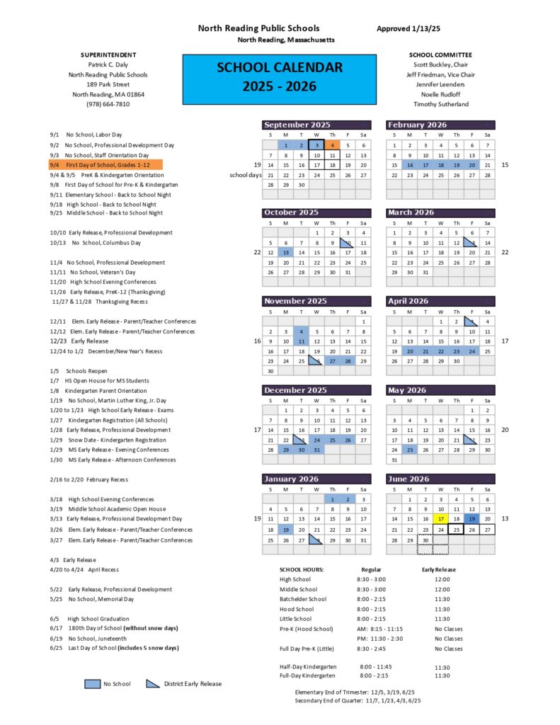 north reading school district calendar