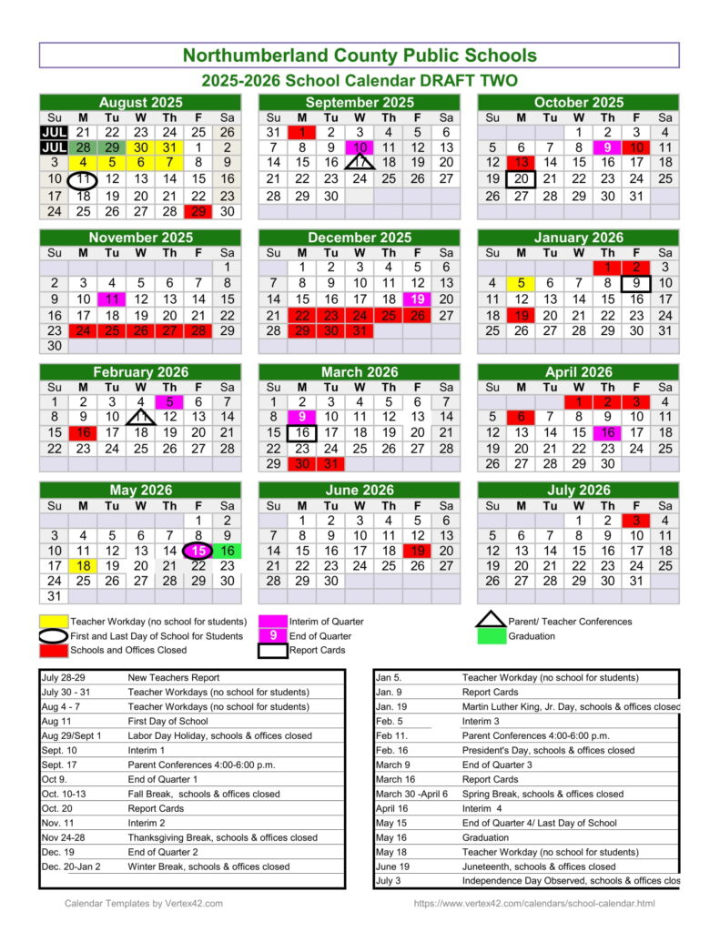 Northumberland County Public Schools calendar