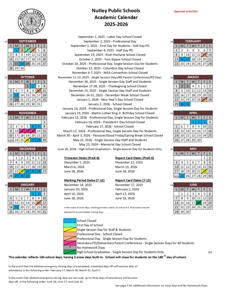 Nutley Public School District Calendar
