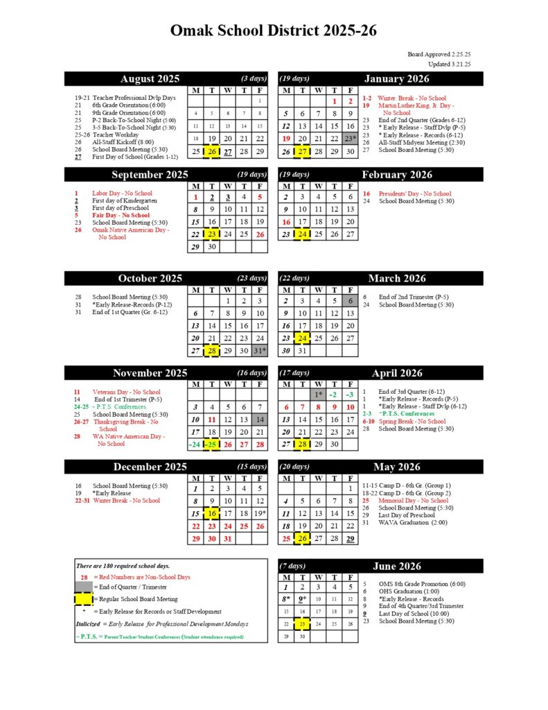OMAK SCHOOL DISTRICT CALENDAR