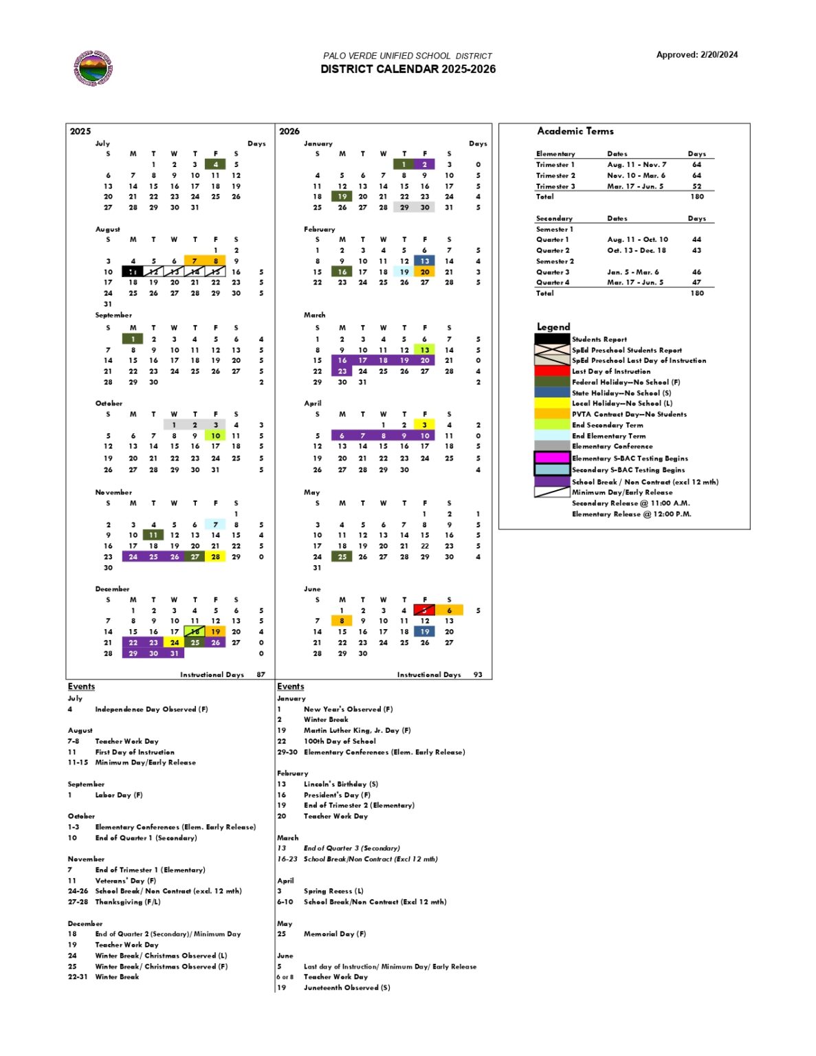PVUSD Palo Verde USD School Calendar 25-26 Revised [PDF] - EduCounty