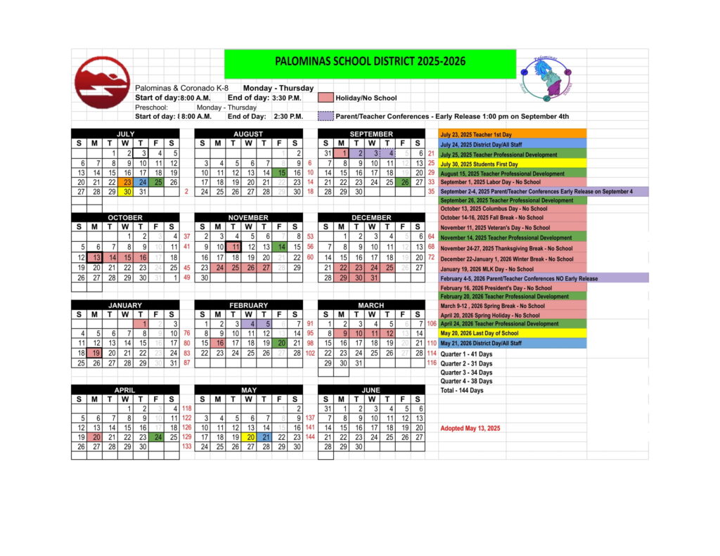 Palominas School district Calendar