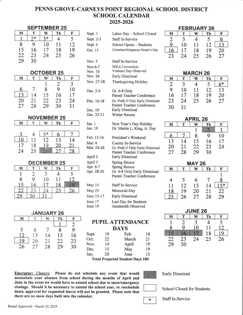 PENNS GROVE-CARNEYS POINT REGIONAL SCHOOL DISTRICT calendar