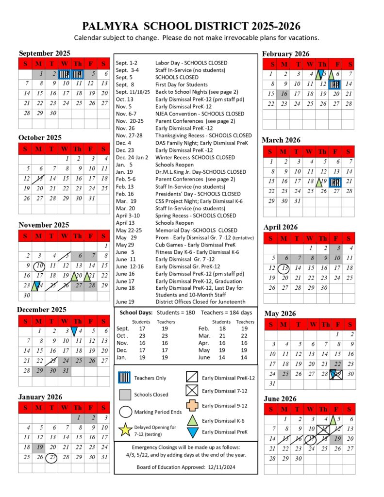 Palmyra School District Calendar