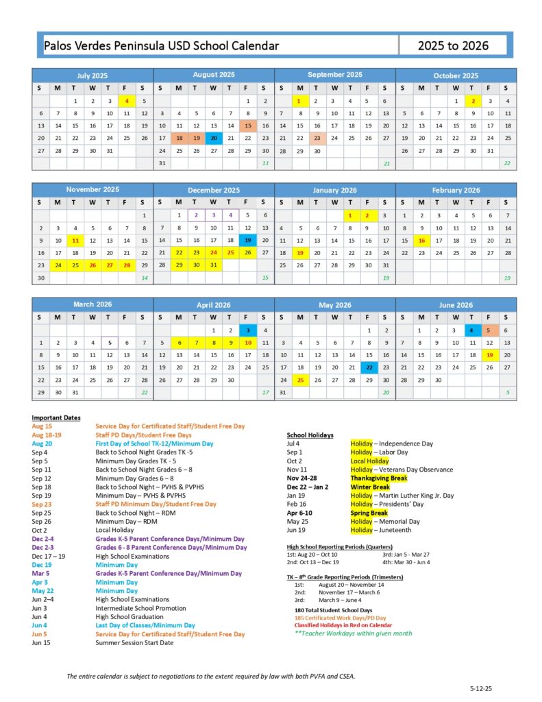 Palos Verdes Peninsula USD School Calendar