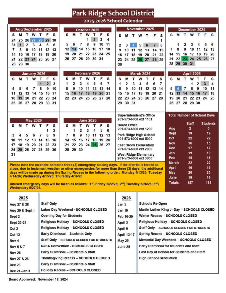 park ridge school district calendar