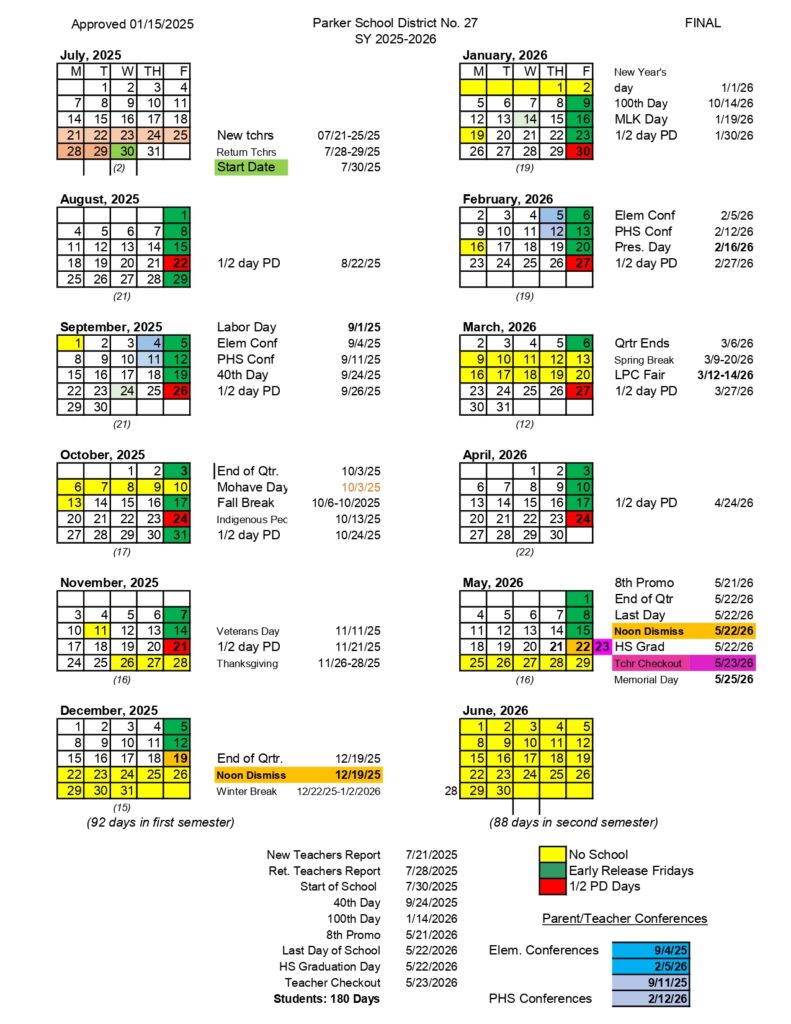Parker School District No. 27 CALENDAR