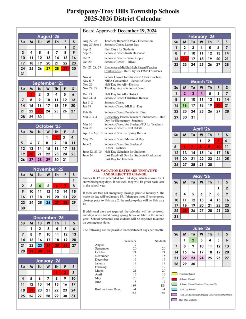 Parsippany High School calendar