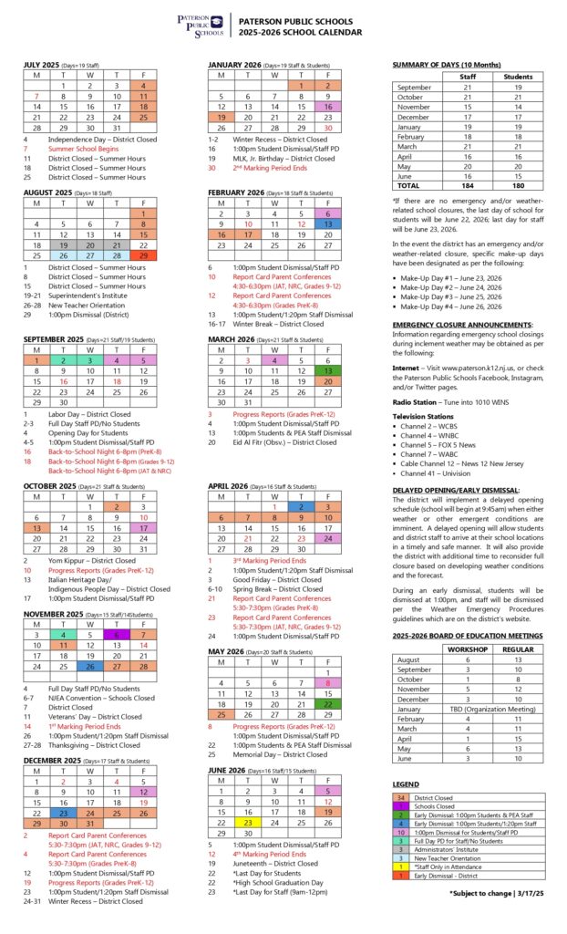 Paterson Public Schools calendar