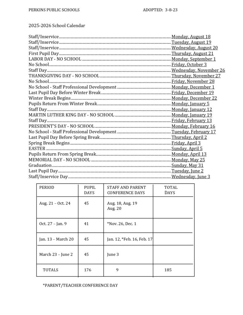 Perkins local Schools calebndar