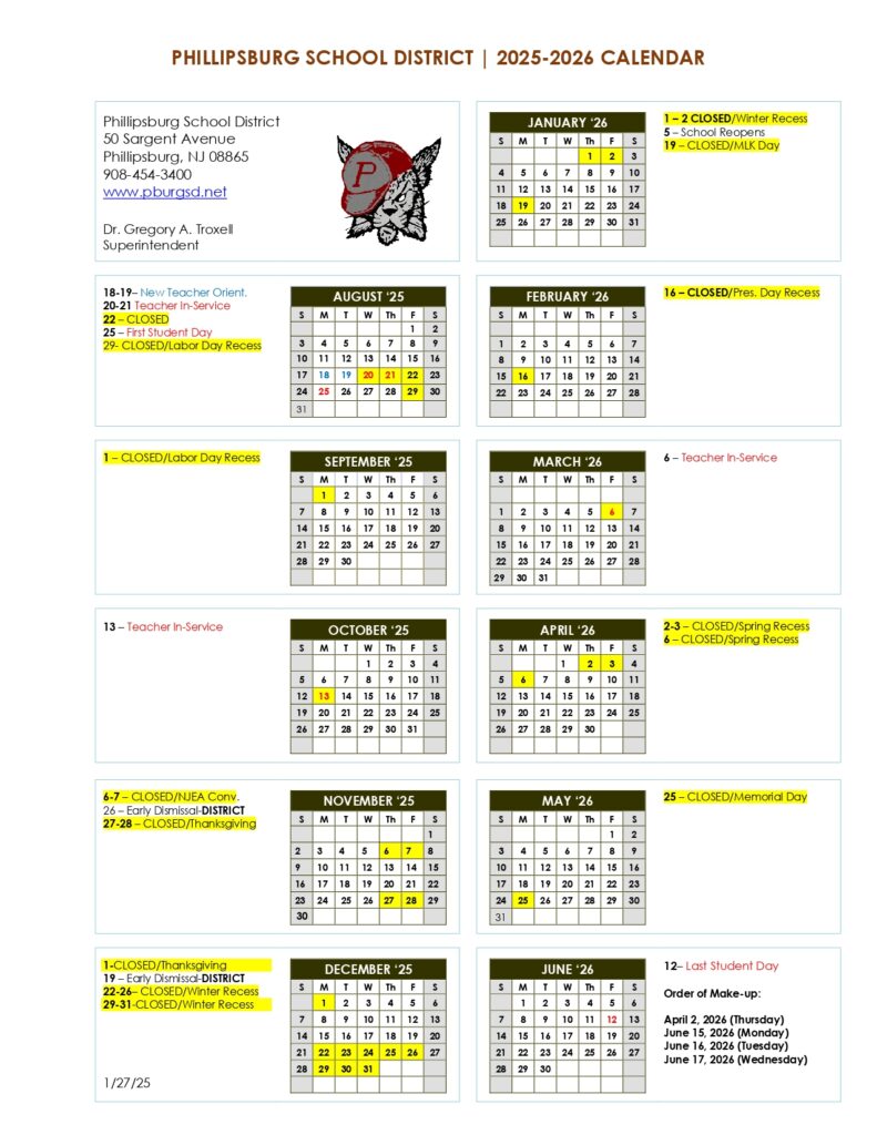 Phillipsburg School District calendar