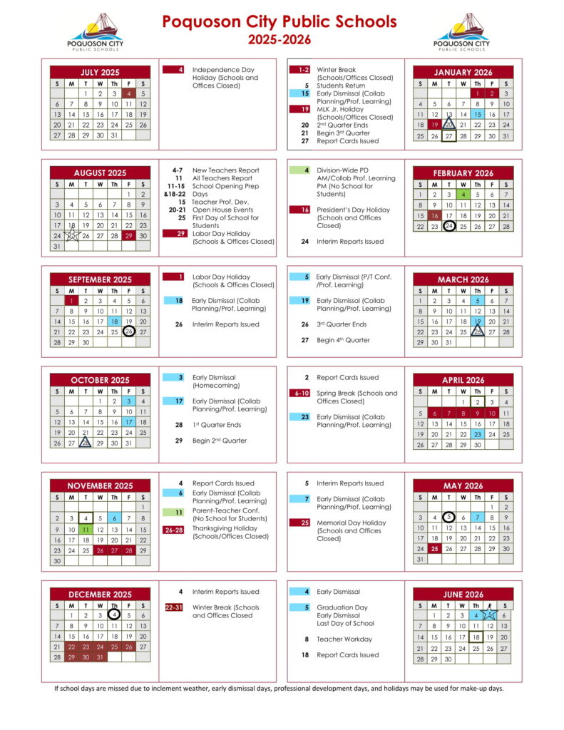 Poquoson City Public Schools va Calendar