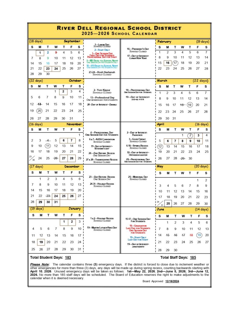 River Dell Regional School District Calendar