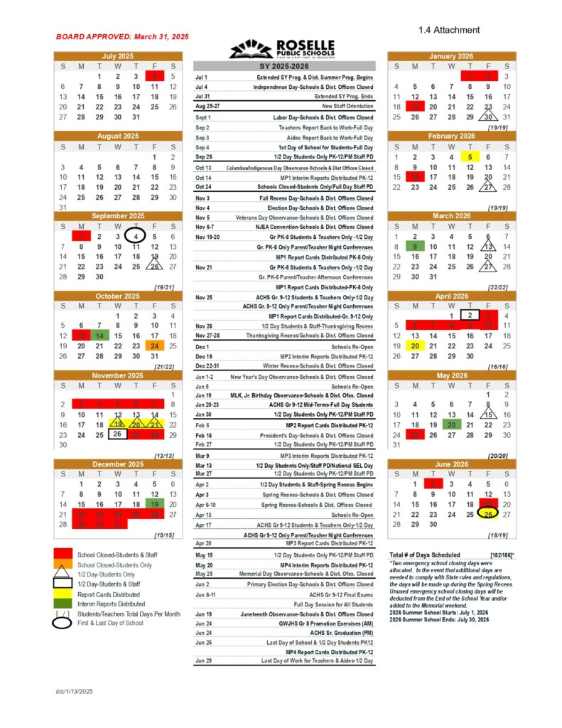 ROSELLE PUBLIC SCHOOLS calendar